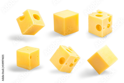 Set of holey, plain, steady and tippy cheese cubes isolated png photo