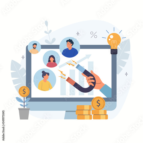 The concept of attracting new customers by income growth. Vector illustration.