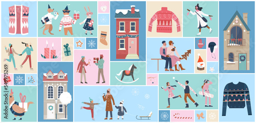 Cartoon human and animal characters in sweaters and warm clothes go to skate and ski, give gift box in square collage background. Happy people celebrate winter holidays wide set vector illustration.