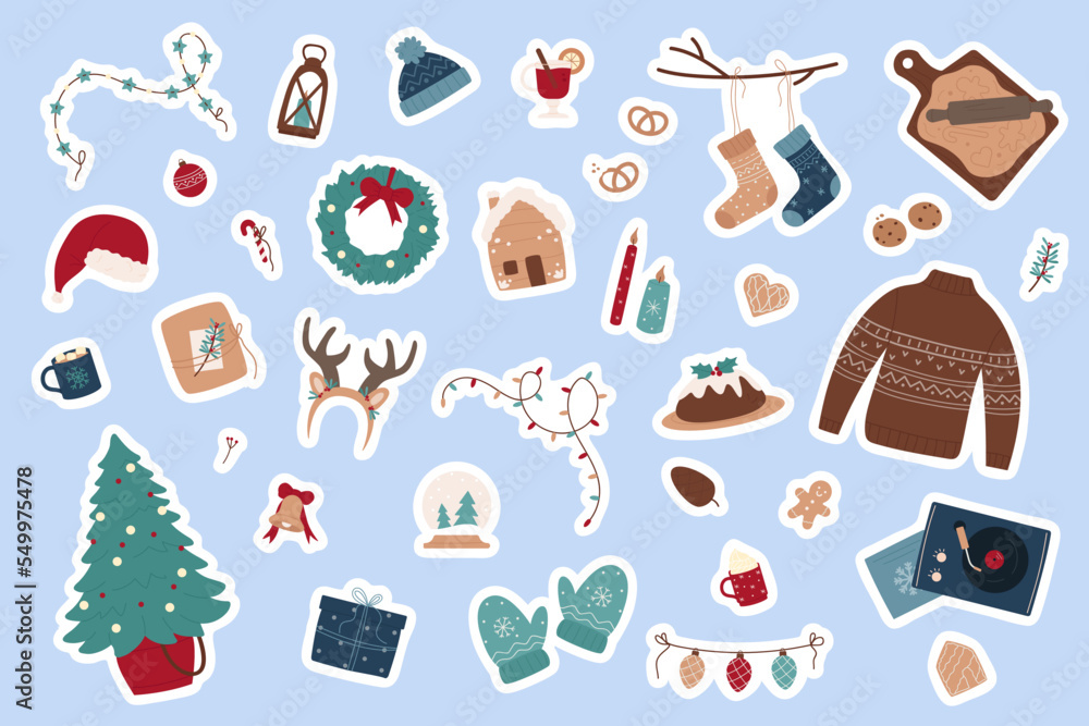 Christmas decoration for festive celebration stickers set vector illustration. Cartoon sweater with ornament and cute baubles, xmas gift box, garland of light bulbs and pine tree candy cake background Christmas decoration for festive celebration stickers set vector illustration. Cartoon sweater with ornament and cute baubles, xmas gift box, garland of light bulbs and pine tree candy cake background
