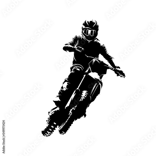 Tela Motocross racing, motocross racer jumping on a motorcycle, isolated vector silhouette, front view