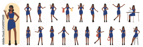 Cartoon stylish redhead woman fashionable trendy black clothes, model posing, standing and showing various gestures collection isolated. Young african american black girl poses vector illustration set
