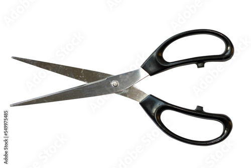  A pair of scissors with black plastic handles on a transparent background