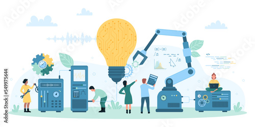 Project development, improvement of ideas and innovations vector illustration. Cartoon tiny people control robot arms to make bright light bulb, work with laboratory equipment, laptop and tools