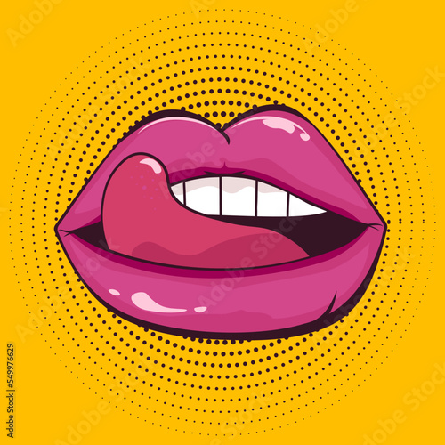 Lips, mouth and tongue in retro comic pop art style 