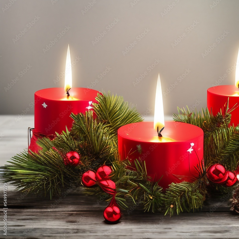 Burning candles on Advent wreath with candles for Advent and Christmas. Decoration with Advent candles, fir branches, cones, baubles and wooden table. 