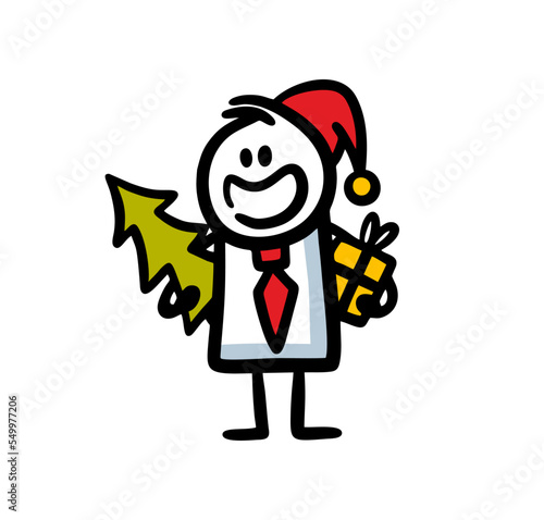 Happy office style man in suit red top hat brings christmas tree and gifts.
