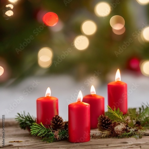 Burning candles on Advent wreath with candles for Advent and Christmas. Decoration with Advent candles  fir branches  cones  baubles and wooden table. 