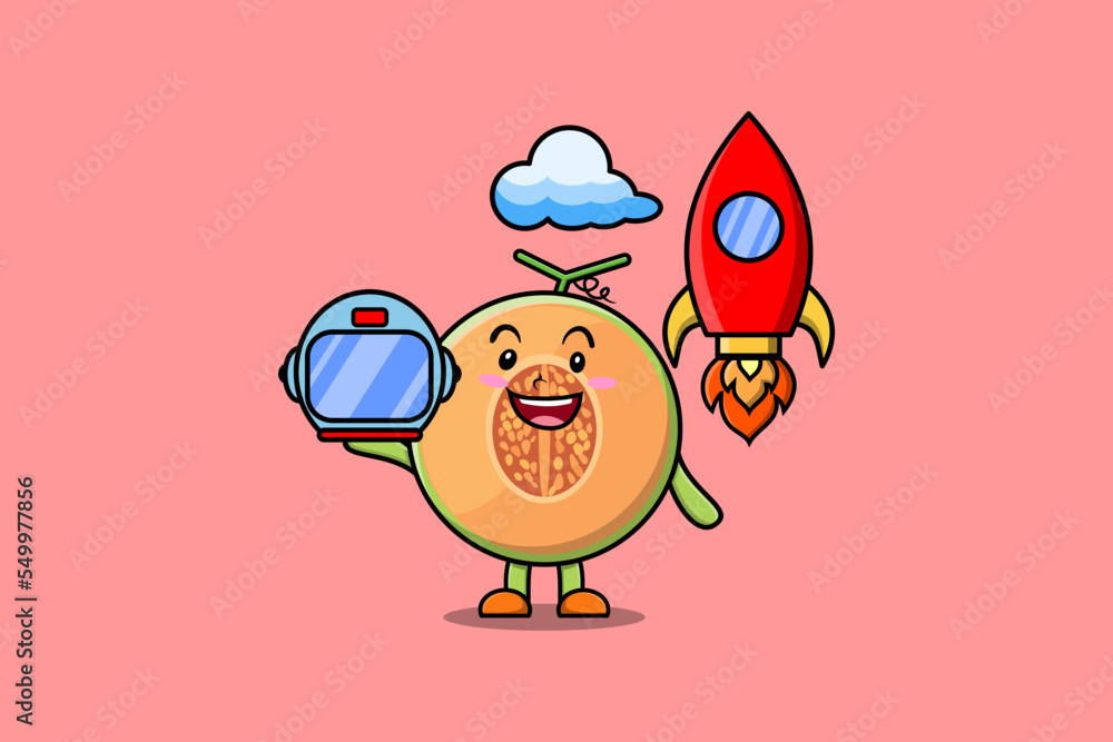 Cute mascot cartoon character Melon as astronaut with rocket, helm, and cloud in cute style 