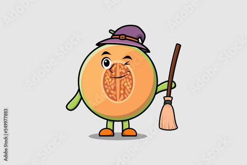Cute cartoon witch shaped Melon character with hat and broomstick cute style illustration