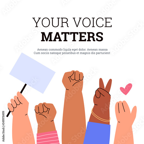 Hands showing peace gesture and fist, protest or march poster template - flat vector illustration.