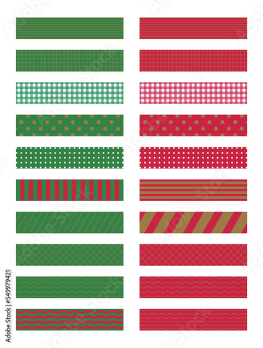 A set of pattern decoration labels with the concept of 'Christmas', a winter holiday and festival in December. Dot, stripe, check, and line patterns in red and green combinations.