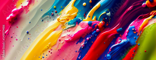 Fotografia, Obraz panorama Exploding liquid paint in rainbow colors with splashes 18 generative ai