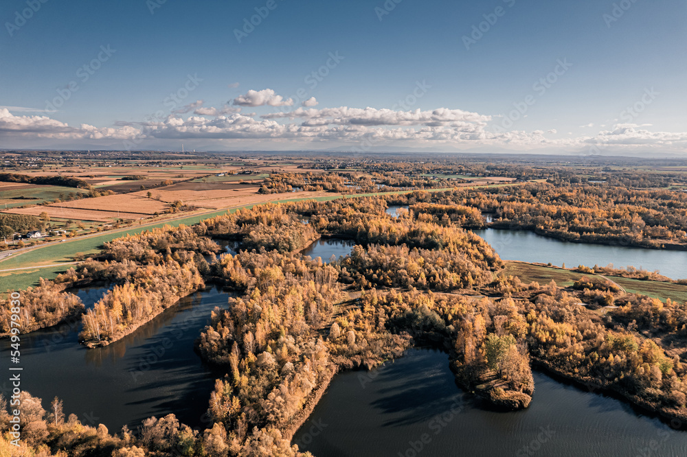 Suchy zbiornik przeciwpowodziowy, Polder Buków panorama z lotu ptaka jesienią z okolic wsi Bluszczów w gminie Gorzyce na Śląsku w Polsce