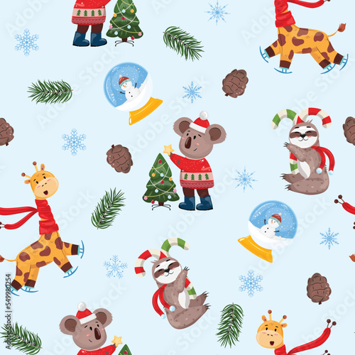 Seamless pattern with koala bear  giraffe  sloth on blue background. Winter Christmas background with jungle animals.