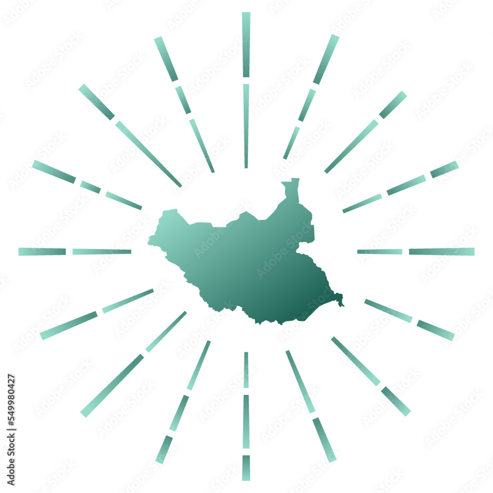 South Sudan gradiented sunburst. Map of the country with colorful star rays. South Sudan illustration in digital, technology, internet, network style. Vector illustration. South Sudan gradiented sunburst. Map of the country with colorful star rays. South Sudan illustration in digital, technology, internet, network style. Vector illustration.