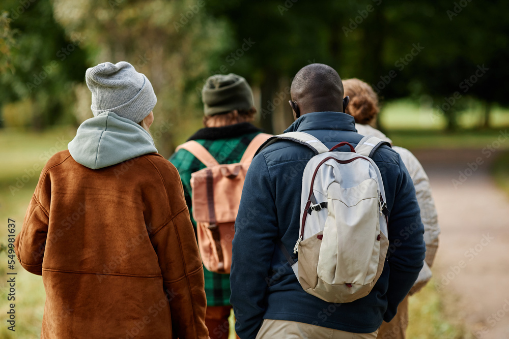 Back view of two couples enjoying walk in beautiful autumn forest Back view of two couples enjoying walk in beautiful autumn forest