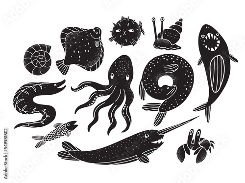 Hand drawn set with underwater animals and fish in silhouette or linocut style. Isolated vector illustration with textured effect