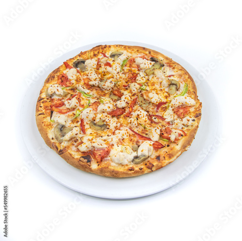 Chicken pizza with vegetables from top view isolated on white background