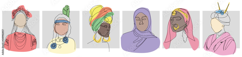 A group of beautiful female portraits of different nationalities. One line. International Womens Day. Ukrainian, Indian, African, Muslim, Arabian, Japanese woman A group of beautiful female portraits of different nationalities. One line. International Womens Day. Ukrainian, Indian, African, Muslim, Arabian, Japanese woman