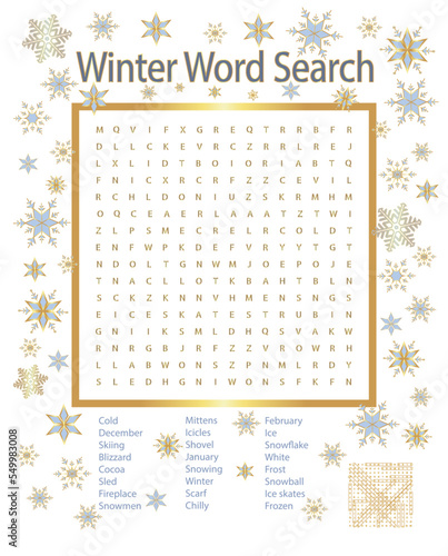 Decorative and Festive Winter Word Search Puzzle Game with Answers, Activity, Gift, Promotion, Wall Art photo