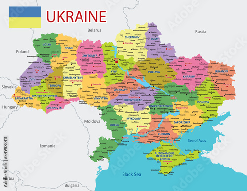 Political map of Ukraine with borders of the regions. Administrative detailed map of Ukraine with cities  and regions.Vector illustration