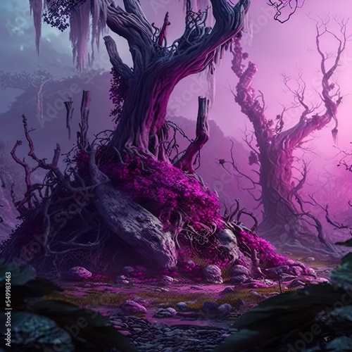 Creep fantasy forest. Mysterious purple magic. 