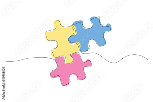 Continuous one line drawing of jigsaws on white background. Puzzle game symbol and sign business metaphor of problem solving, solution, and strategy.