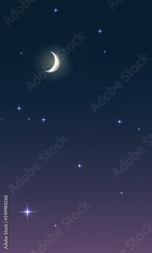 night sky with stars and moon. paper art style. Dreamy background with moon stars and clouds  abstract fantasy background. Half moon  stars and clouds on the dark night sky background.