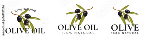 Vector set of olive oil labels. Olive tree, branches and drop. Black olives. Green olives.	