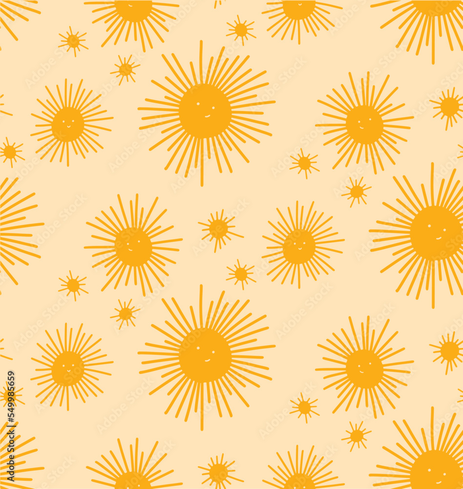 Design with cute yellow suns on a yellow background. Ideal for textile or object printing, children's decoration. Vector illustration. Design with cute yellow suns on a yellow background. Ideal for textile or object printing, children's decoration. Vector illustration.