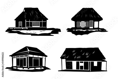 Set of silhouette design. Traditional Japanese house. Rural dwelling with thatched roof. illustration vector.