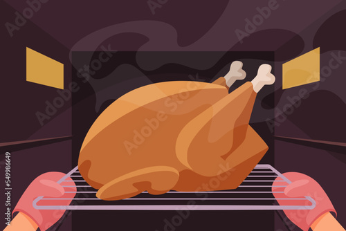Hands of chef in safety gloves holding tray with turkey vector illustration. Cartoon person cooking Thanksgiving food with kitchen equipment, opening oven door to put bird to roast background