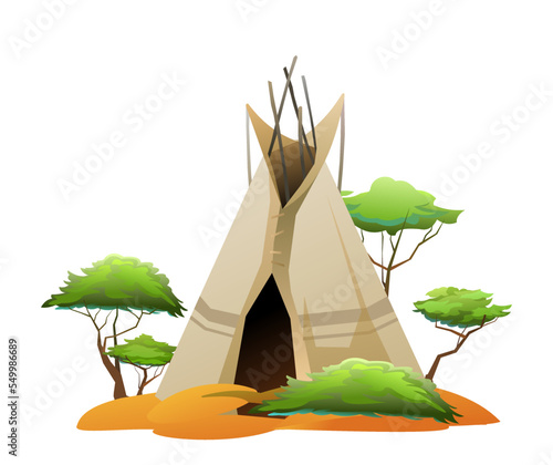 Indians wigwam hut made of felt and skins. North American tribal dwelling. Traditional home of nomadic peoples. Isolated on white background Vector.