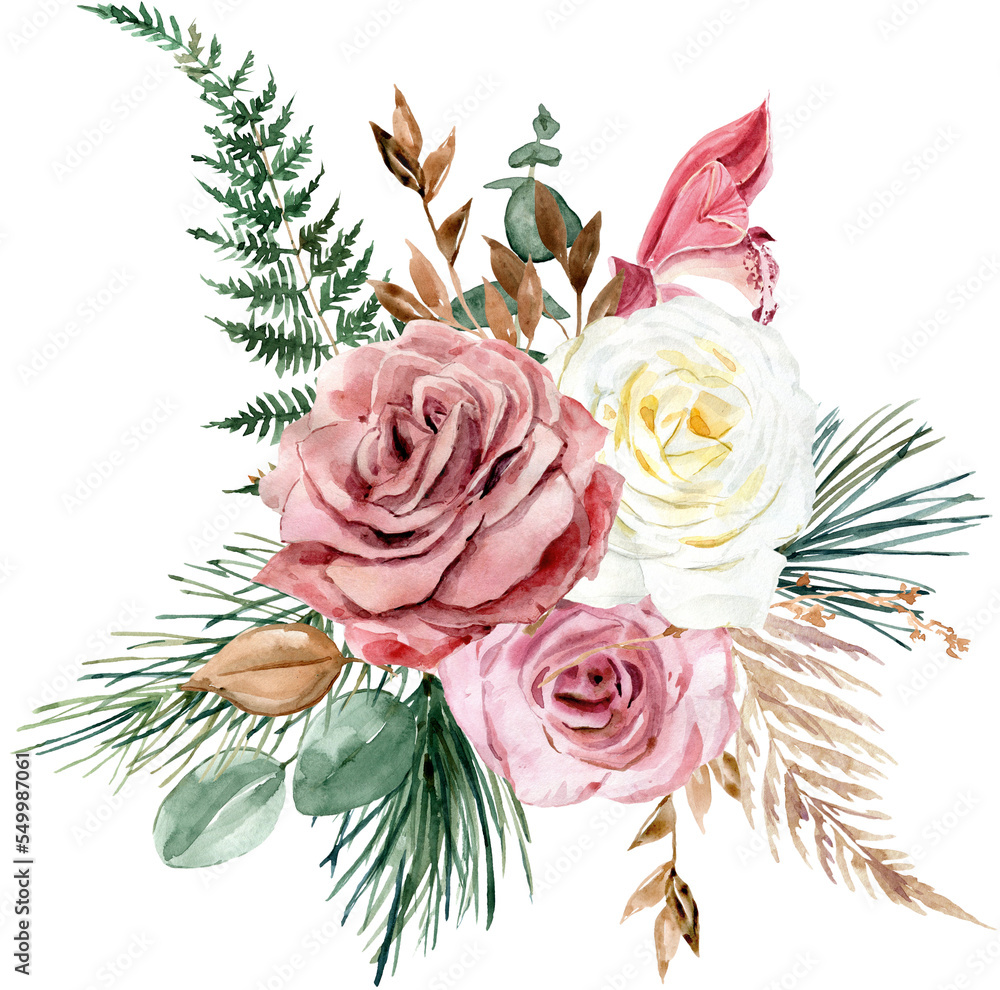 Fototapeta premium Watercolor floristic bouquet with white roses, eucalyptus, flowers, green leaves. For invitations, backgrounds, wedding sets, fashion, scrapbooking, digital paper. 