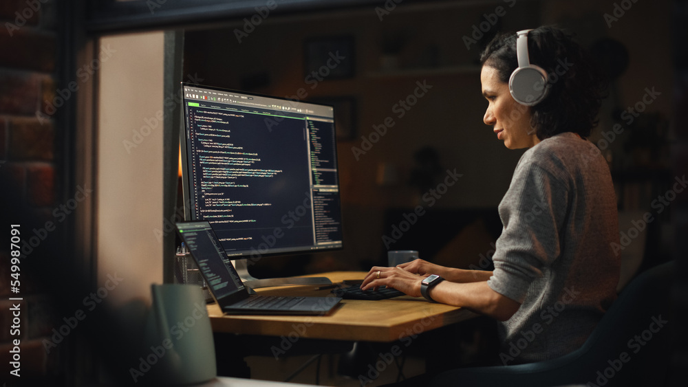 Brazilian Female Programmer Working on Computer at Home. Brilliant ...