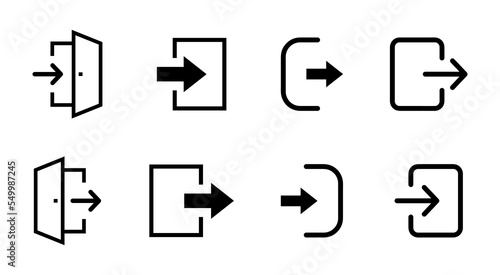 Login and logout icons. Set of sign out, Sign in vector icon. Open and close door symbol. Black exit and enter arrow, vector icon in trendy flat style photo