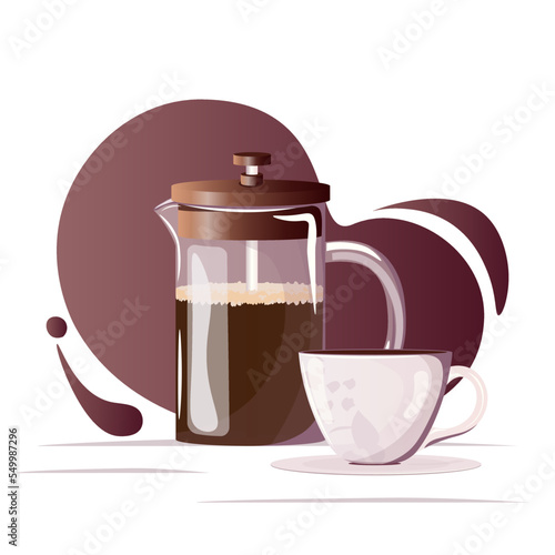 Glass coffee pot, french press with black coffee, porcelain cup and saucer. Coffee break, coffee shop or cafe concept	