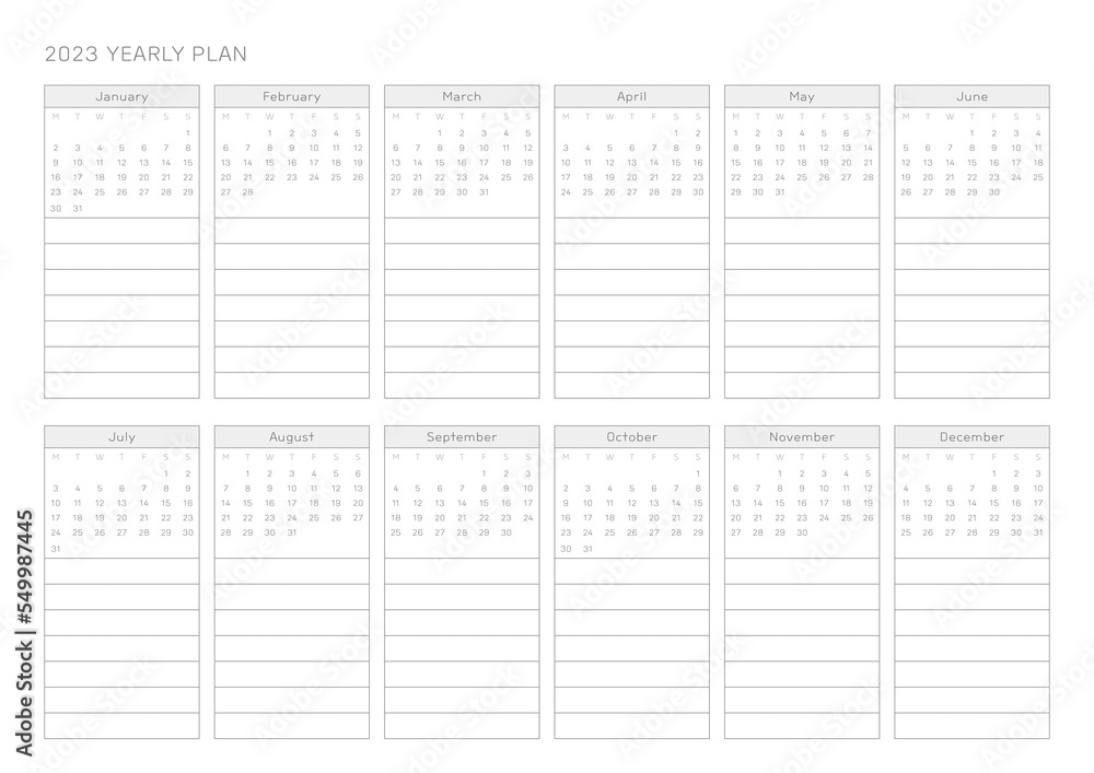 This is a simple, minimalist style annual planner with a year 12 month calendar for 2023. Note, scheduler, diary, calendar planner document template illustration.