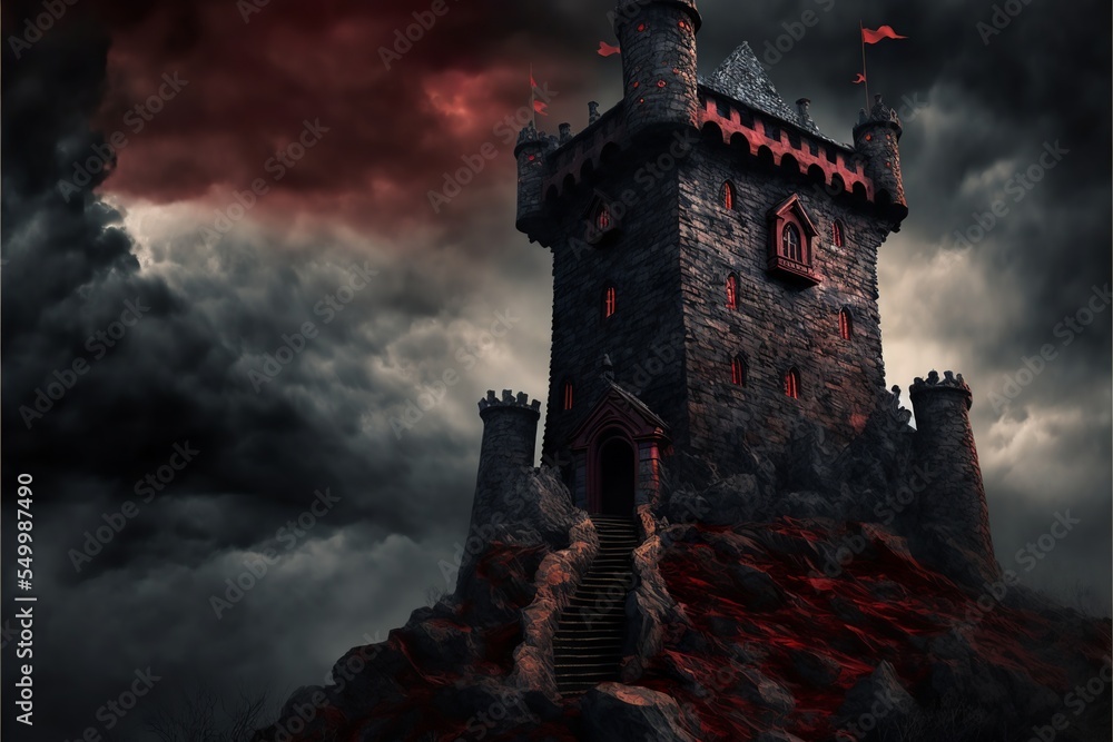 Dark fantasy gothic fortress castle on a hilltop landscape illustration ...