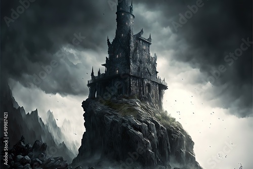 Fotobehang Dark fantasy gothic castle tower on a hilltop landscape illustration