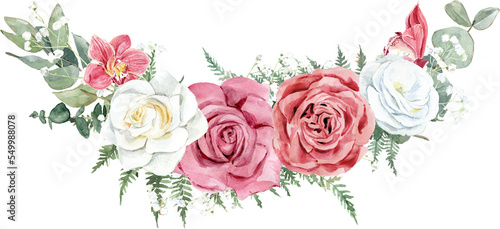 Watercolor floristic bouquet with white roses, eucalyptus, flowers, green leaves. For invitations, backgrounds, wedding sets, fashion, scrapbooking, digital paper.