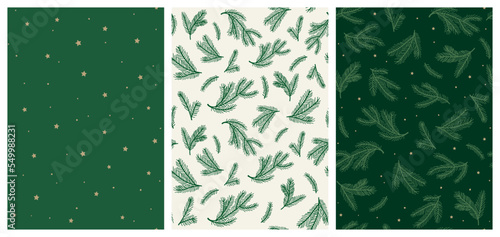 Set Of Three Vector Seamless Patterns, Little Irregular Golden Stars And Christmas Tree Branches.
Elegant Holiday Designs In Green Color Ideal For Textile, Wallpaper, Fabric Prints Or Wrapping Paper.