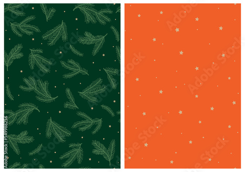 Twin Set Of Holiday Seamless Patterns. Little Irregular Golden Stars And Christmas Tree Branches On Red and Dark Green Background. Ideal For Textile, Wallpaper, Fabric Prints Or Wrapping Paper.