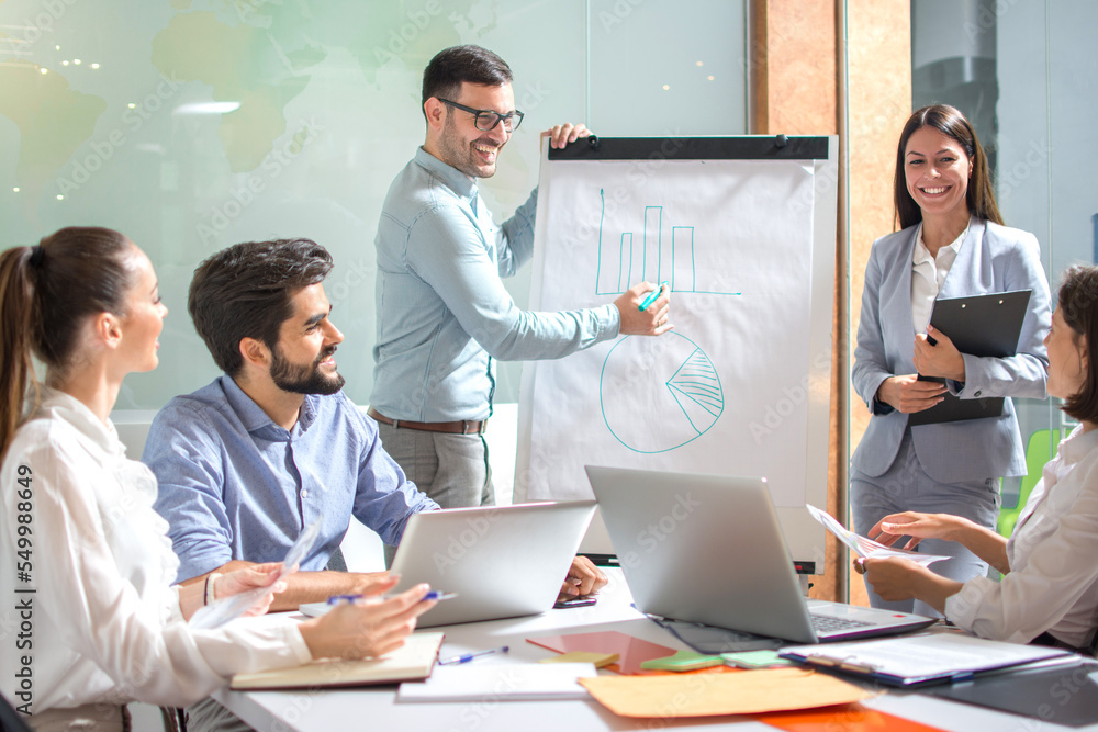 Obraz premium Business people in office meeting with flip chart. Businesspeople, team, training conference concept.