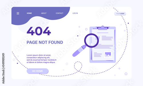 Landing page template for web page with 404 error. Page not found banner template.  Flat illustration of clipboard with magnifying glass and document with pics and on purple background