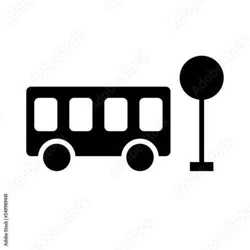 Bus silhouette icon and bus stop pole icon. Bus terminal. Vector.