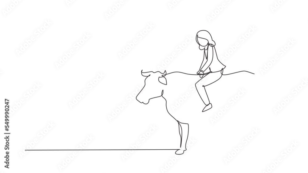 Animated self drawing of continuous one line draw businesswoman riding cow symbol of success. Business metaphor concept, looking at the goal, achievement, leadership. Full length single line animation Animated self drawing of continuous one line draw businesswoman riding cow symbol of success. Business metaphor concept, looking at the goal, achievement, leadership. Full length single line animation