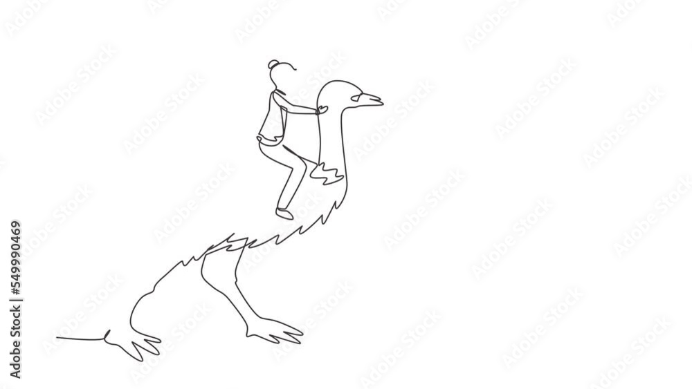 Self drawing animation of single line draw businesswoman riding ostrich symbol of success. Business metaphor concept, looking at the goal, leadership. Continuous line draw. Full length animated Self drawing animation of single line draw businesswoman riding ostrich symbol of success. Business metaphor concept, looking at the goal, leadership. Continuous line draw. Full length animated