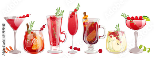 A set of cranberry cocktails.Winter Christmas drinks.Mimosa with cranberries, mulled wine, cranberry punch, white and red sangria, margarita and martini with cranberries.Festive cocktails.